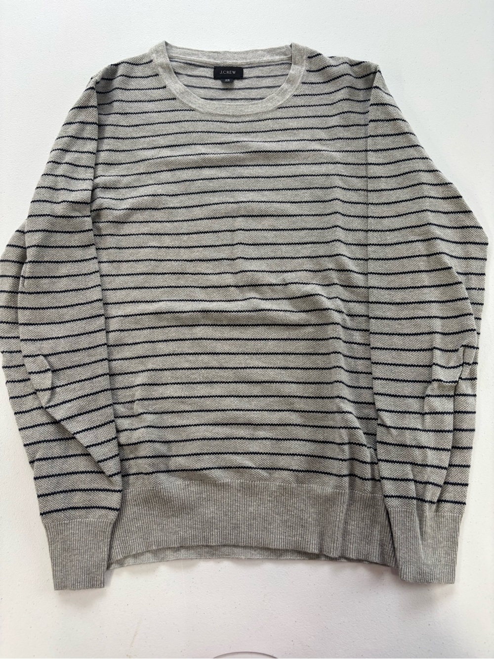 J. Crew Light Gray Crewneck Sweater with Navy Stripes